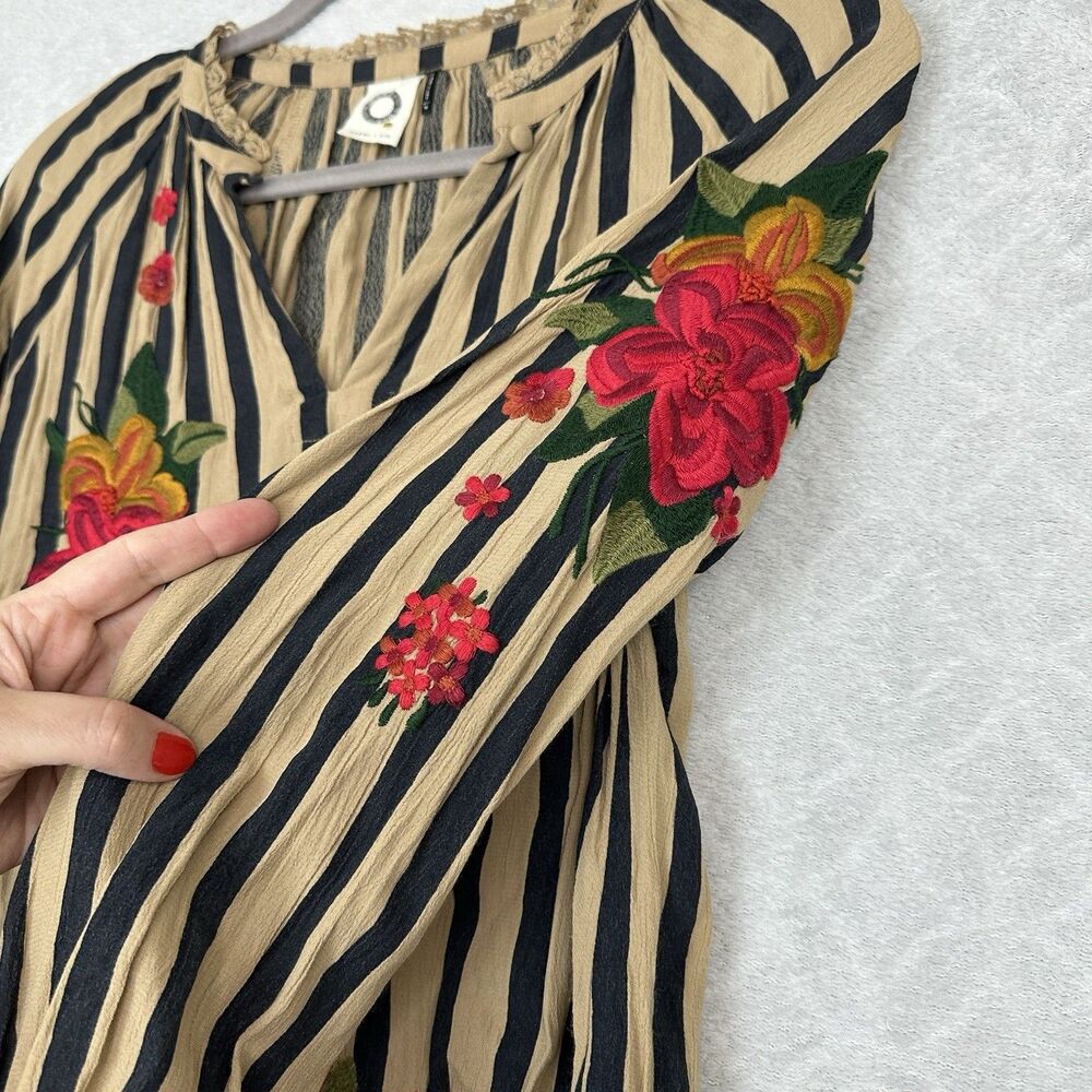 Anthropologie Akemi + Kin Manuela Blouse Womens M Black Tan Stripe Embroidered - Picture 7 of 14